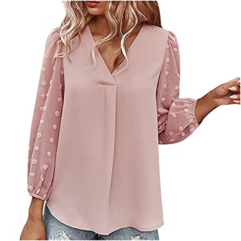 Wondere Summer Solid Color Tops Womens Chiffon Tunic V Neck Shirt Long Sleeve Tees Casual Polka Dot Blouse (XL, Pink) | The Storepaperoomates Retail Market - Fast Affordable Shopping