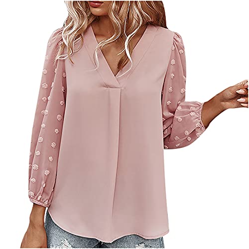 Wondere Summer Solid Color Tops Womens Chiffon Tunic V Neck Shirt Long Sleeve Tees Casual Polka Dot Blouse (XL, Pink)