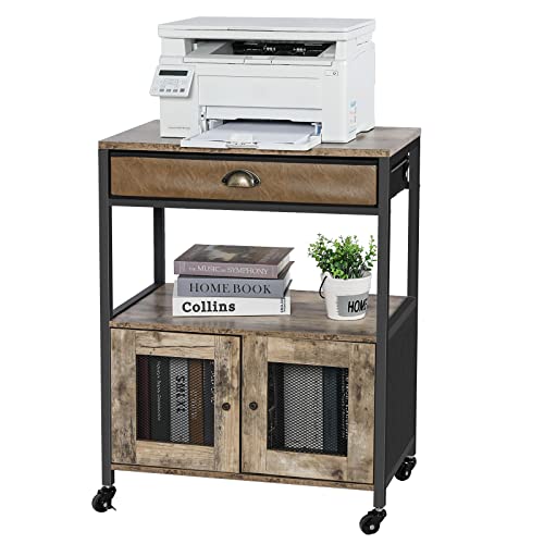 X-cosrack Printer Stand with Storage Cabinet, 3 Tiers End Table with Drawer and Doors, Movable Printer Table on Wheels for File Organization, Scanner, Fax Machine, in Home, Office, Retro Style