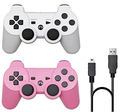 Rzzhgzq 2 Pack PS3 Wireless Controller Playstation 3 Controller Wireless Bluetooth Gamepad with USB Charger Cable for PS3 Console (Pink+White)