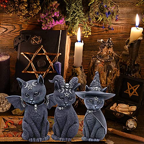 DJSM Halloween Decoration Magic Cat Resin, Magic Cat Resin Crafts Animal Decoration, Garden Kitten Statue,Black Cat Statues Home Decoration,Witch’s Cat Sculpture, Pug Cat Resin Ornaments (3 PCS)