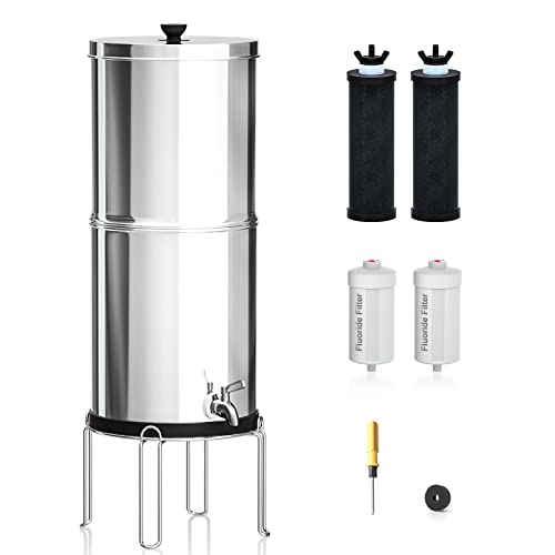 Purewell 8-Stage 0.01μm Ultra-Filtration Water Filter System, NSF/ANSI 372 Certification, 304 Stainless Steel Countertop System with 4 Filters and Stand, Reduce Fluoride and Chlorine, 2.25 Gallon