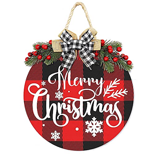 Merry Christmas Decorations Wreath, Buffalo Plaid Hanging Sign Rustic Wooden Holiday Decor for Front Door Porch Window Wall Farmhouse Indoor Outdoor Decorations