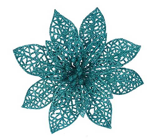 YYCRAFT 12 PCS Glitter Poinsettia Flowers 6 Inch for Christmas Tree Ornaments Christmas Decorations-Teal