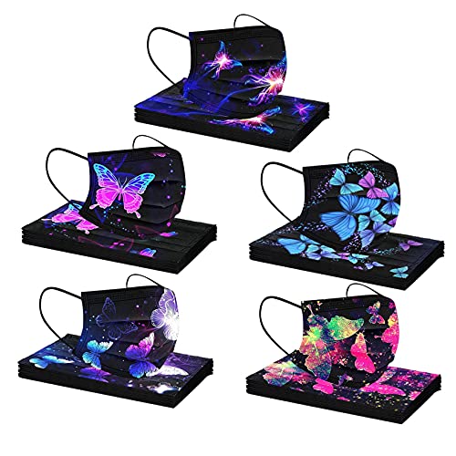 BOFFO 50 Pcs Butterfly Floral Face Bandanas with 3 Layer Face Filter with Elastic Earloop, Breathable with Lace Print Pattern, Suitable for school office outdoor for unisex Adult, Multicolored4