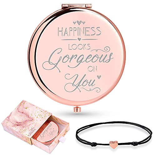 Compact Pocket Mirror Positive Quote & String Bracelet for Women, Birthday Gifts for Mom, Daughter, Wife, Sister – Small Personalized Gift Idea for Mother