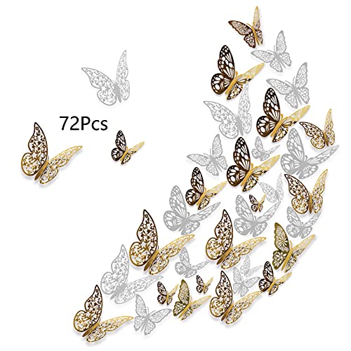 BOSHAPP 72 Pieces 3D Gold and Silver Butterfly Wall Stickers,2 Colors, 3 Sizes,Metal Party Cake Home Refrigerator Children Bedroom Kindergarten Classroom Wedding Decoration(Gold silver)