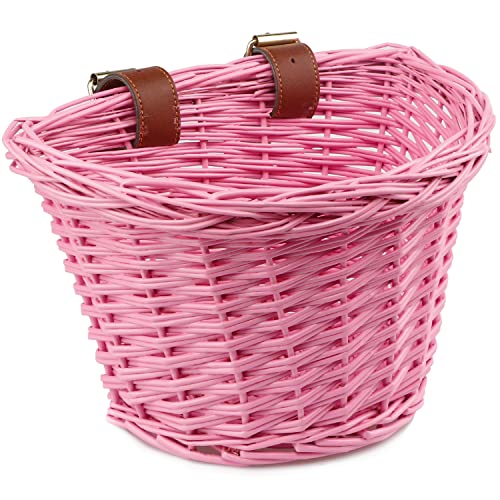 AVASTA Wicker Kids Bike Basket for 12, 14, 16 Girls Bikes, Scooters, Tricycle, Kids Bicycle Accessories, Come with Leather Straps, Size S, Pink