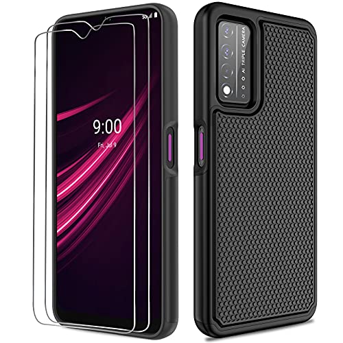 NTZW T-Mobile Revvl V+ 5G Case: Heavy Duty Shockproof Protective Phone Case [2 Tempered Glass Screen Protector] Anti-Slip Textured Hard Cover + Soft Silicone Rubber Bumper, Military Armor Case – Black