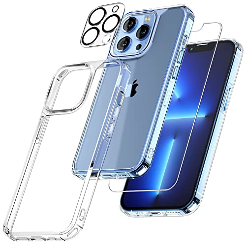 TAURI [5 in 1 Designed for iPhone 13 Pro Case [Not-Yellowing], with 2 Tempered Glass Screen Protector + 2 Camera Lens Protector, Military Grade Protection Shockproof Slim Phone Case 6.1 inch, Clear