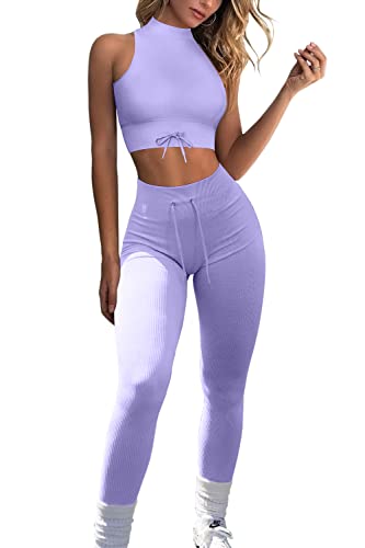 QINSEN Seamless Sport Bras for Women High Impact Yoga Pants Bodycon 2 Piece Outfits Workout Running Shirts Purple L