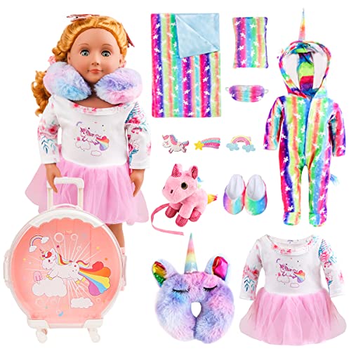 MerryXGift Doll Travel Set – 18 inch Doll Sleeping Bag Set with Unicorn Luggage, Dress, Eye Mask, Unicorn Toy pet, Hairpins, Doll Clothes and Accessories for Girls