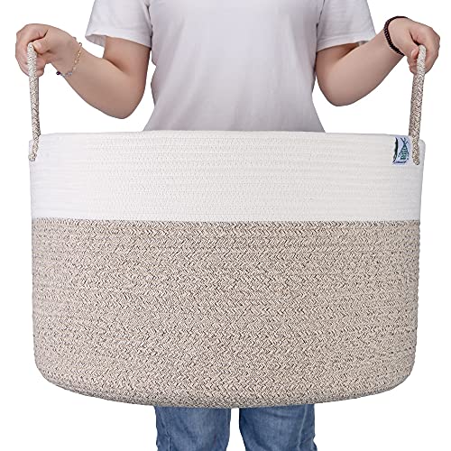 COMMIGLOW XXX-Large Cotton Rope Basket (22”x14”),100% Pure Cotton Woven Laundry Basket for Storage, Blanket Basket for Living Room, Baby and Dog Toy Storage Basket Bin with Handle, Light Brown