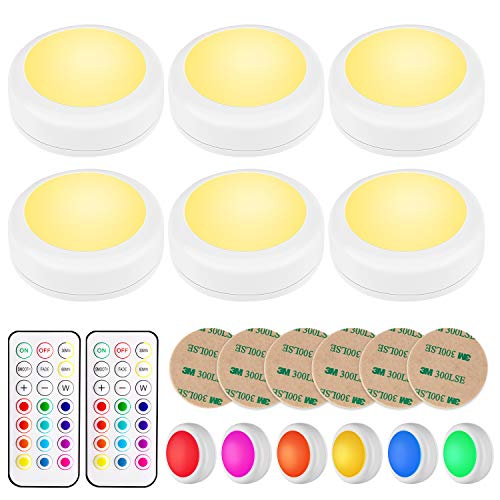 Reoshine Puck Lights with Remote Controls, Under Cabinet Lights AA Battery Operated Wireless Led Closet Lights, Stick on Lights, Color Changing Push Light with Dimmable and Timer, 6 Packs