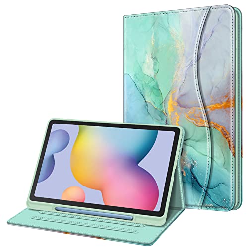 Fintie Case for Samsung Galaxy Tab S6 Lite 10.4 Inch 2022/2020 Model (SM-P610/P613/P615/P619) with S Pen Holder, Multi-Angle Viewing Soft TPU Back Cover with Pocket Auto Wake/Sleep, Emerald Marble