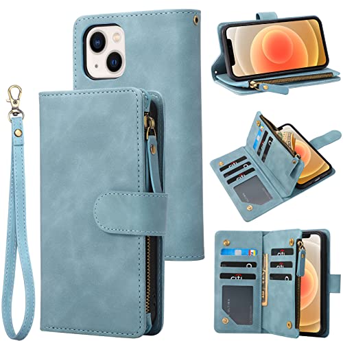 RANYOK Wallet Case Compatible with iPhone 13 (6.1 inch), Premium PU Leather Zipper Flip Folio Wallet RFID Blocking with Wrist Strap Magnetic Closure Built-in Kickstand Protective Case (Baby Blue)