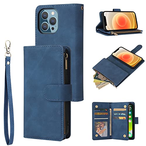 RANYOK Wallet Case Compatible with iPhone 13 Pro (6.1 inch), Premium PU Leather Zipper Flip Folio Wallet RFID Blocking with Wrist Strap Magnetic Closure Built-in Kickstand Protective Case (Blue)