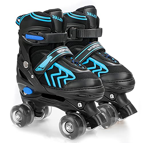 Kids Roller Skates for Boys Adjustable Roller Skates for Men Women Girls with 8 Wheels Lighting for Indoor Outdoor Quad Skates (Black&Blue, Large – Youth/Adult)