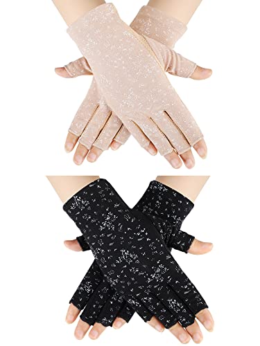 Women Sunscreen Gloves UV Protection Sunblock Gloves for Driving Riding Fishing Golfing Outdoor Activities (Black, Khaki Lace)