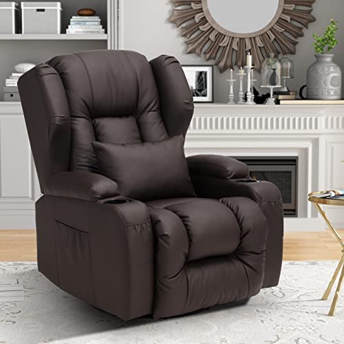 URRED Swivel Rocker Recliner Chairs for Living Room with Cup Holders/Lumbar Pillow/Side Pockets/Front Pockets/Wing Back/PU Leather (Brown)