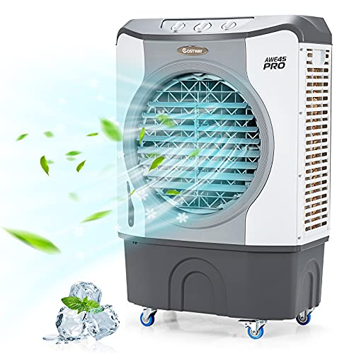 COSTWAY Evaporative Air Cooler, 4-in-1 9740 CFM Swamp Cooler with 100°Oscillation, 210W Cooling Fan, 3 Speeds &3 Modes Cools up to 1800 Sq. ft, AC Unit with 4 Universal Casters for Indoor & Outdoor, 45L