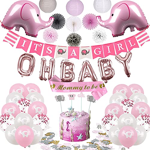 JYNTU Elephant Baby Shower Decorations (Pink)-Elephant Theme, Baby Shower Backdrop with Balloons, OH baby, It;s a Girl, Cake Topper, Paper Hanging Decoration(Flower,lantern)