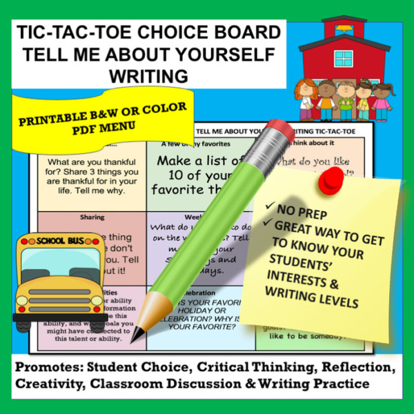 TELL ME ABOUT YOURSELF! BACK TO SCHOOL TIC TAC TOE WRITING CHOICE BOARDS