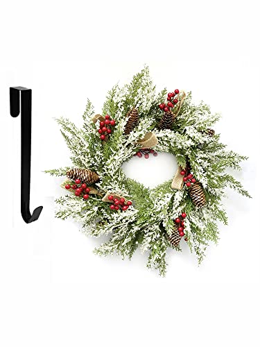 Xmas Front Door Wreath with Hanger, Artificial Christmas Wreath Flocked with Mixed Decorations, Festive Season Décor for Outdoor Wall Windows Mantel Living Room-23inch