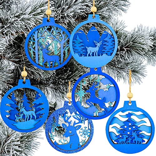 Joiedomi 6 Pcs Wooden Christmas Ornaments, Reindeer Carved Blue Wooden Ornaments, Hanging Reindeer Ornaments for Indoor/Outdoor Holidays, Party Decoration, Tree Ornaments, Events, and Christmas