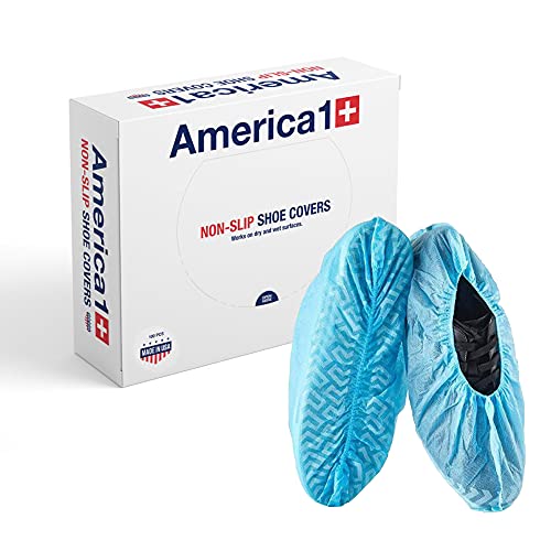 America 1 Non Slip Disposable Shoe Covers Pack of 100 | Disposable Shoe and Boot Covers for Wet or Dry Surfaces | Floor and Shoe Protector for Workplace, Construction, Indoor Carpets | One Size