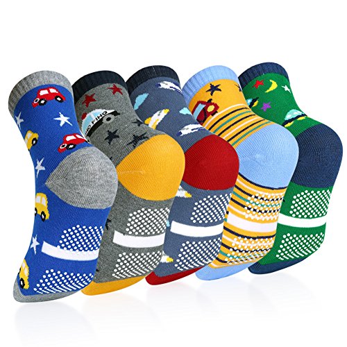 Kids Cotton Crew Socks with Grip – 5 Pack Boys Girl Winter Athletic Sport Ankle Sock Set 6-8 Year