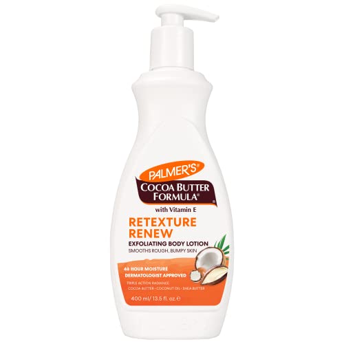 Palmer’s Cocoa Butter Formula Retexture & Renew Exfoliating Body Lotion for Rough & Bumpy Skin, Triple Action Moisturizers + AHAs, Pump Bottle, 13.5 Ounce