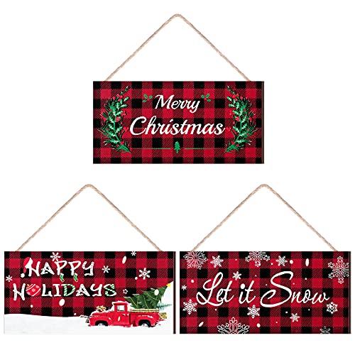 3 Pieces Christmas Sign Merry Christmas Decoration Let It Snow Sign Wood Hanging Ornament Happy Holidays Wall Decor with Rope for Christmas Home Window Wall Farmhouse Indoor Outdoor (Plaid Pattern)