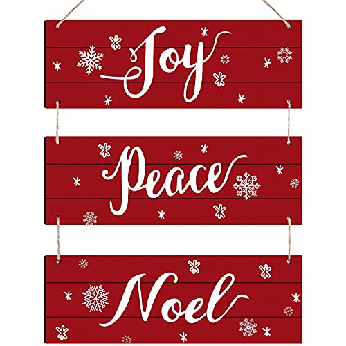 Jetec 3 Pieces Christmas Wood Signs Hanging Wood Wall Sign Snowflake Wall Decor Wooden Hanging Ornaments for Front Door Porch Indoor Outdoor Home Decor (Red Style)