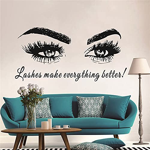 Home Interior Decor Eyes Wall Sticker Beauty Salon Eyelash Lashes Wall Decal Eeybrows Quote Sayings Decoration for Bedroom TM-66 (Lashes Make Everything Better)
