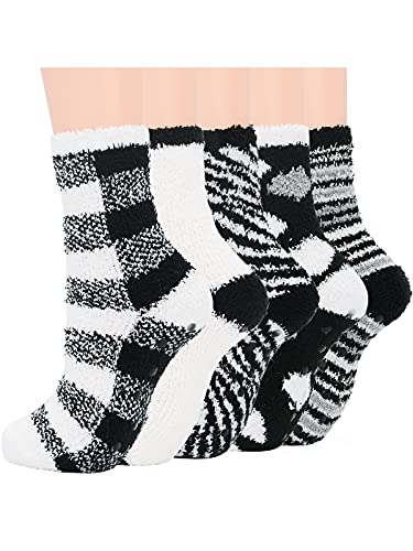 Cosy Encounter Womens Fuzzy Slipper Socks Winter Warm Anti Slip Socks Comfy Thick Thermal Socks Casual Home 5 Pairs White Black One Size, WDCEBS4072SXG5PSN