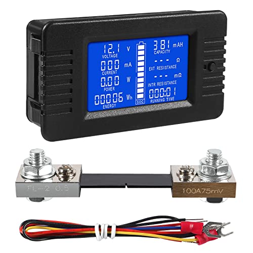 DC Multimeter Battery Monitor 0-100A 0-200V Ammeter Voltmeter with LCD Display Digital Current Voltage with 100A 75mV Shunt, Fit for Solar Power Battery/RV/Boat/Trailer etc