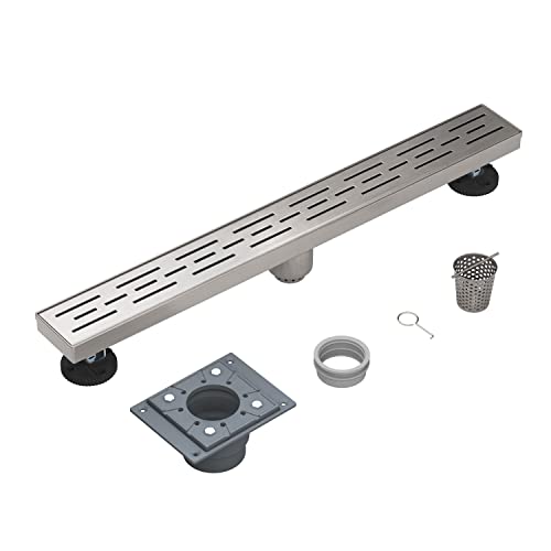 EMBATHER 24 Inches Linear Shower Drain with Removable Pattern Grate, CUPC Certified, 304 Stainless Steel Floor Drain and Shower Drain Base Included Hair Strainer and Leveling Feet, Brushed Nickel