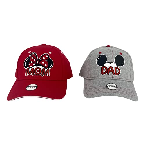 Disney Set Mickey & Minnie Hats Baseball Cap Men’s Women’s 2 Pack (Red MOM & Grey DAD)