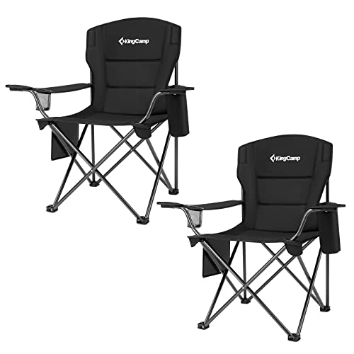 KingCamp Oversized Heavy Duty Camping Chairs 2 Pack, Padded Compact Folding Portable Chair with Cooler Cup Holder Side Pocket for Outdoor Sports Lawn Backyard Backpack Supports 300 lbs, Black