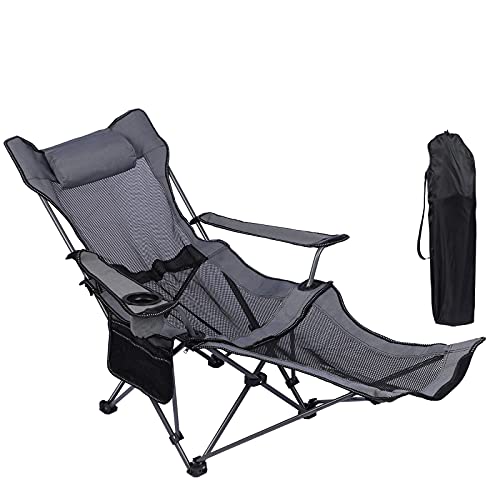 NURTUDIS Camping Lounge Chair,Folding Reclining Camping Chair, Portable Camping Chair with Footrest,Storage Bag & Headrest, Mesh Recliner, 330lbs Weight Capacity (Gray)