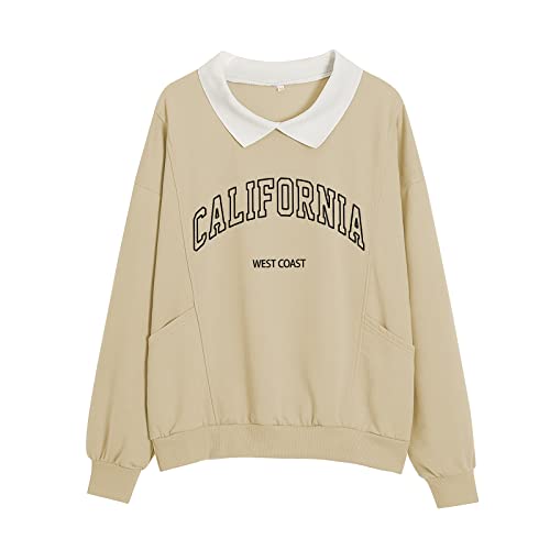 MEJOTAUS Cute California Sweatshirt for Teen Girls Turn-Down Collar Pullover E Girl Aesthetic Soft Kawaii Clothes with Pocket (Apricot,M,Medium)