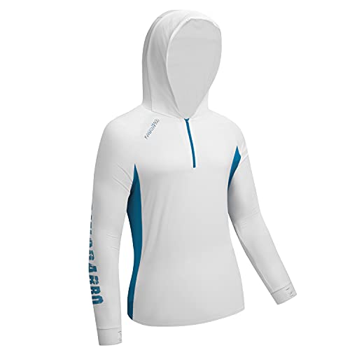 KAWAGARBO 1/4 Zip Long Sleeve Fishing Shirt UV Sun Protection UPF 50+ Pullover with Hoodie for Running Cycling Hiking Sailing (White/Blue, M)