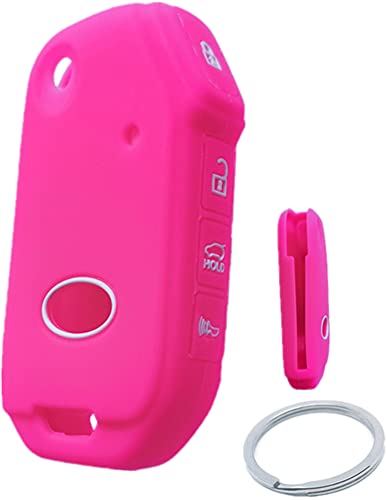 RUNZUIE Silicone Folding Flip-Out Remote Key Fob Cover Shell Compatible with Kia Forte Seltos Soul Sportage Sorento Cerato Telluride K5 Hot Pink 4 Buttons