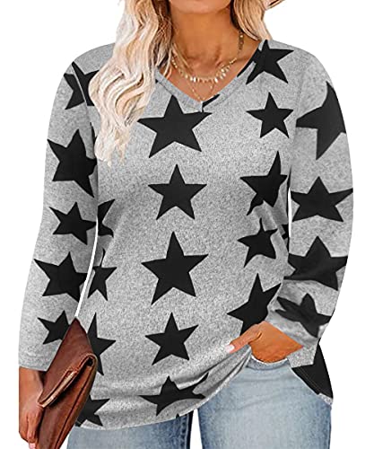 CARCOS Plus Size Tops for Women 3X Long Sleeve T Shirts V Neck Star Print Blouses Casual Grey Pullover Sweatshirts 3XL 22W 24W
