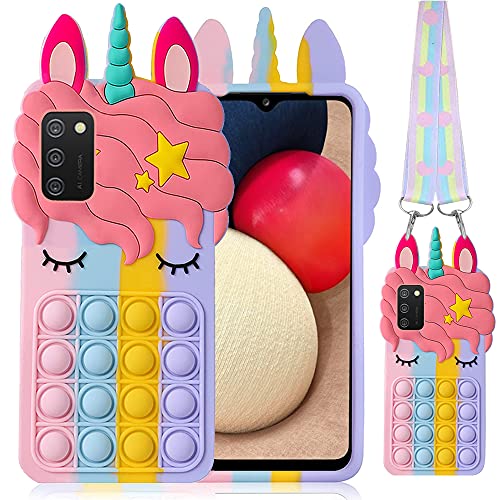 Fidget Toys Stress Relief Phone Case for Samsung Galaxy A02S,A03S, with Strap,Push Pop Bubble 3D Cartoon Funny Cute Silicone Cover for Girls Kids Teen, Aesthetic Color Bubble Case-Rainbow