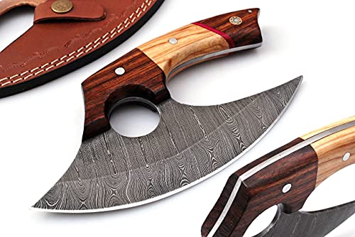 Bushcraft Custom Handmade Damascus Steel Ulu Knife – Best Alaskan Damascus Ulu Knife With Sheath – Multi-Purpose Damascus Knives For Skinning, Hunting, Chopping, (Rose Wood & Olive)