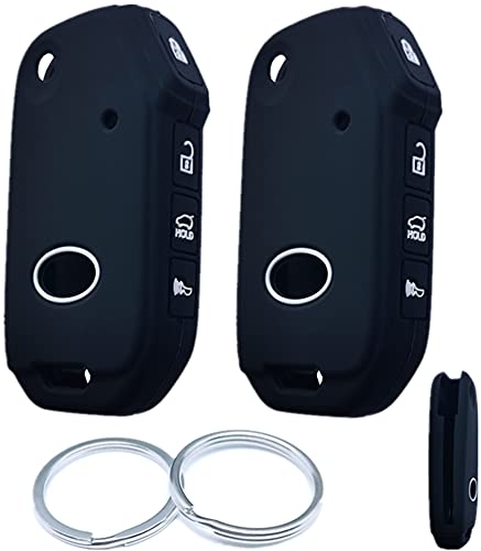 RUNZUIE 2Pcs 4 Buttons Silicone Folding Flip-Out Remote Key Fob Cover Shell Compatible with Kia Forte Seltos Soul Sportage Sorento Cerato Telluride K5 Black