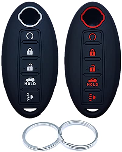 RUNZUIE 2Pcs 5 Buttons Silicone Smart Remote Key Fob Cover Compatible with 2022 2021 2020-2011 Nissan Armada Rogue Murano Maxima Altima Pathfinder 285E3-3TP5A KR5S180144014 Black/Black with Red