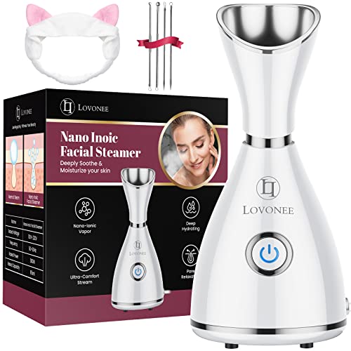 Facial Steamer – LOVONEE Face Steamer for Facial Deep Cleaning Home Facial Spa Warm Mist Humidifier Atomizer Sauna Sinuses Unclogs Pores with Blackhead Stainless Steel Kit and Hair Band (White)